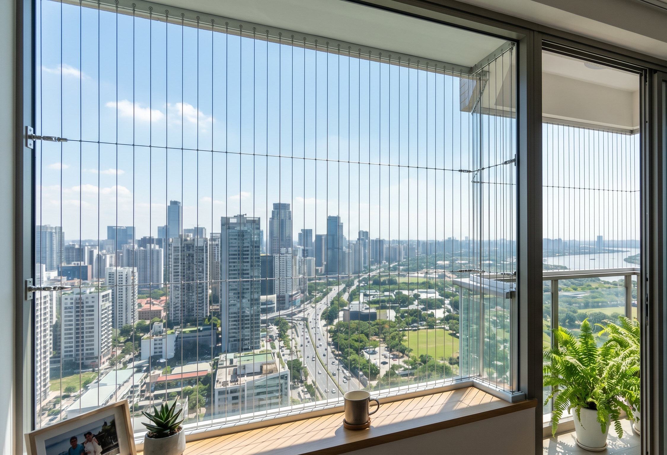Large window opening fitted with nearly transparent stainless steel invisible grill wires that secure the opening while preserving the outside view